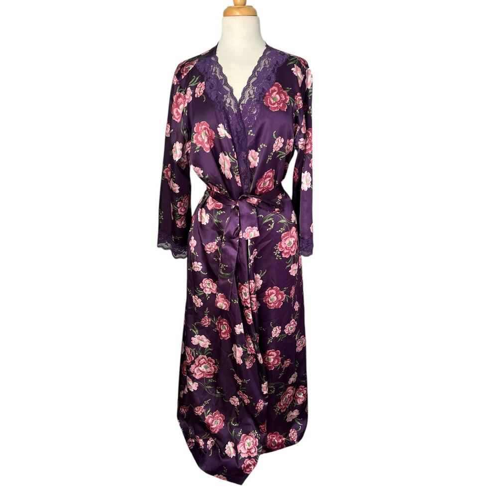Amoureuse Peignoir Purple Floral Robe Belted Lace Liquid Satin Lounge Medium